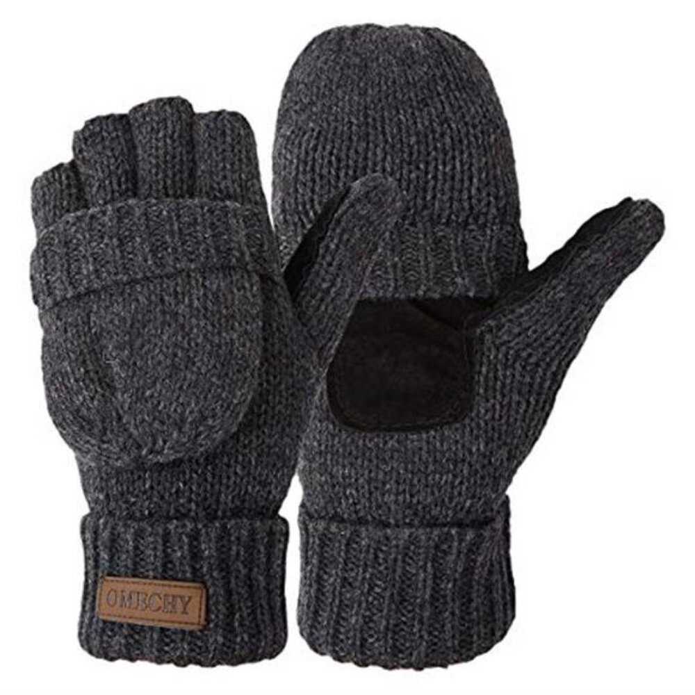 Winter Gloves Men Women Fingerless Mittens Convertible Wool Knitted Warm Thermal